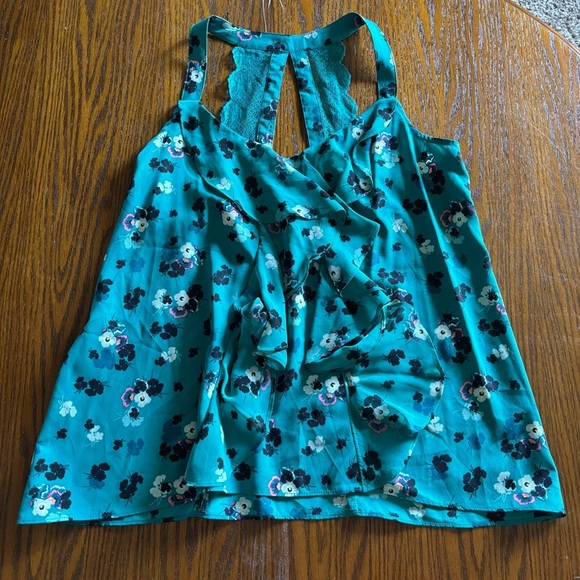 NWT LC Lauren Conrad Women's Teal Ruffle Floral Lace Tank Top Racerback Blouse S - Picture 1 of 7